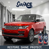 Red Range Rover in a showroom with Surf-ACE car care products displayed