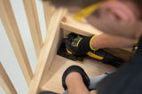 Mirka Edge Protector for Mirka DEOS 3" x 5" Sander being used to sand staircase