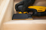 Mirka Edge Protector for Mirka DEOS 3" x 5" Sander being used to sand staircase, 2