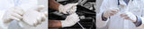 Three images showing hands in white gloves performing different tasks: holding a tool, working on a car engine, and holding a small object.
