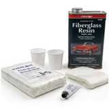Evercoat Fiberglass, Metal and Wood Repair Kit, 1 Quart, 100370: including a can of fiberglass resin, a bag of woven mat, two plastic cups, a folded stack of cotton pads, and a tube of adhesive on a white background.