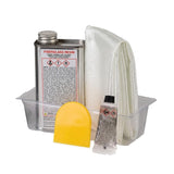 Evercoat Fiberglass, Metal and Wood Repair Kit, 8 Ounce, 100637; resin kit with a metal can of fiberglass resin, a tube of adhesive, a yellow squeegee, and a white mesh filter bag in a clear plastic tray on a white background.