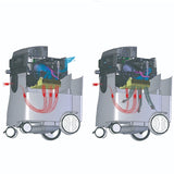 A technical cutaway diagram showing two side-by-side views of the Indasa LPE45 Dust Extractor, with internal components exposed and colored airflow or fluid lines in red, blue, green, and yellow on a white background.