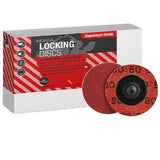 Indasa 2" Rhynolock Aluminum Oxide Locking Discs, R-Type, 7302 Series, image of box and discs showing front and back