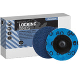Indasa 2" Rhynolock Zirconium Locking Discs, R-Type, 7302Z Series, box packaging and front and back of discs