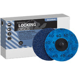 Indasa 3" Rhynolock Zirconium Locking Discs, R-Type, 7303Z Series, image of box packaging and front and back of discs