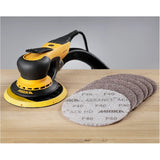 Mirka DEROS 6" Electric Sander 650XCV 5mm, Vacuum-Ready, No Case, MID65020US, on wood workbench with Abranet discs