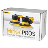 Box of Mirka Pros pneumatic random orbital sanders with two sanders on a white background