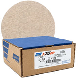 Norton A275OP No-Fil Champagne 6" Solid Grip Sanding Discs, Bulk Packaging, image showing box packaging in front and sanding disc in background.