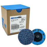 Norton BlueFire R884P 2" ZA Quick Change Locking Discs, R-Type (III), Zirconia, image showing box packaging and front and back of discs.