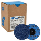 Norton BlueFire R884P 3" ZA Quick Change Locking Discs, R-Type (III), Zirconia, image of box packaging and front and back of discs.