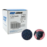 Norton Gemini R766 1" A/O Quick Change Locking Discs, R-Type (III), Aluminum Oxide, image of box packaging and front and back of discs displayed.