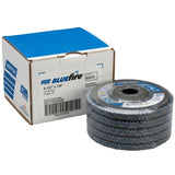 Norton Flap Disc BlueFire R822 ZA, 4.5" x 7/8", Fiberglass Hub, Flat T27, 03531, image of box and discs stacked.