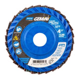 Norton Gemini R766 ZA Flap Disc, 4.5" x 7/8", Plastic Hub, Flat T27, Zirconia Alumina, blue plastic backing, image of top disc view.