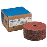 Norton Metal F240 Resin Fiber Grinding Disc, 4.5" x 7/8", Aluminum Oxide, image of box packaging and stack of discs displayed.