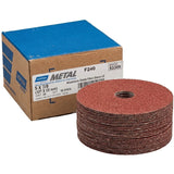 Norton Metal F240 Resin Fiber Grinding Disc, 5" x 7/8", Aluminum Oxide, image of box packaging and stack of discs displayed.
