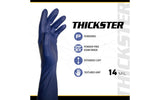 Blue glove with Thickster branding and product features on a white background