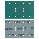 RUPES PROCUT 3" x 5" 12-Hole Film Abrasive Vacuum Sanding Sheets, Ceramic-A/O Blend, image of green abrasive front and gray grip back of sanding sheet.
