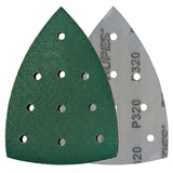 RUPES PROCUT 4" x 6" x 6" Delta 10-Hole Film Abrasive Vacuum Sanding Sheets, Ceramic-A/O Blend, front and back view of triangle sheets.