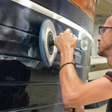 Person polishing a boat with a polisher and RUPES XP-700 Nano Protection