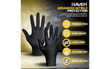 Black nitrile gloves with Raven Advanced Nitrile Protection branding and features on a dark background.