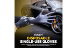 Disposable single-use gloves being worn with a car in the background, featuring Raven brand text.