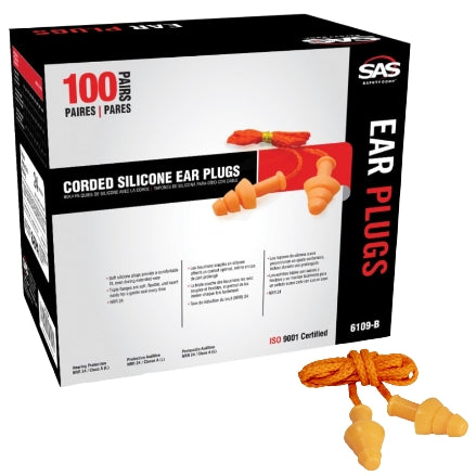 SAS Safety Corded Silicone Ear Plugs, 100 Pair, 6109-B