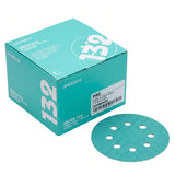 Sandwox 132 Green Eco Standard Series 5" 8-Hole Grip Sanding Discs, image of box and abrasive disc