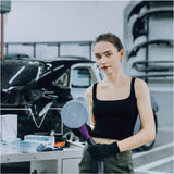 Sandwox 818 Series Blue Net 6" Mesh Grip Sanding Discs, female technician with a tank top holding sander with mesh disc in an autobody shop