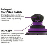 Sandwox SX655US 6 Inch Purple sander schematic showing enlarged start/stop switch and LED light highlighted on a white background.