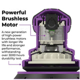 Sandwox SX655US 6 Inch Purple sander schematic cross-section showing the high-power brushless motor with text highlighting its features.