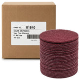 Sunmight 6" Grip Nonwoven Abrasive Scuff Grip Discs, Very Fine (Maroon), case of 100 and stack of 25 discs in front of box