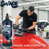 Person using car polishing equipment with Surf-ACE P-40 Extra product on a red car