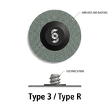 Technical diagram of a circular abrasive grinding wheel with a black center and a textured gray abrasive backing, plus a smaller schematic below showing a locking screw and the text 'Type 3 / Type R.'.